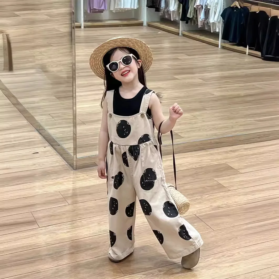 

Girls Pants 2024 Summer New Childrens Clothes Korean Style Girls Concave Shape Big Polka Dot Strap Romper Casual Simple