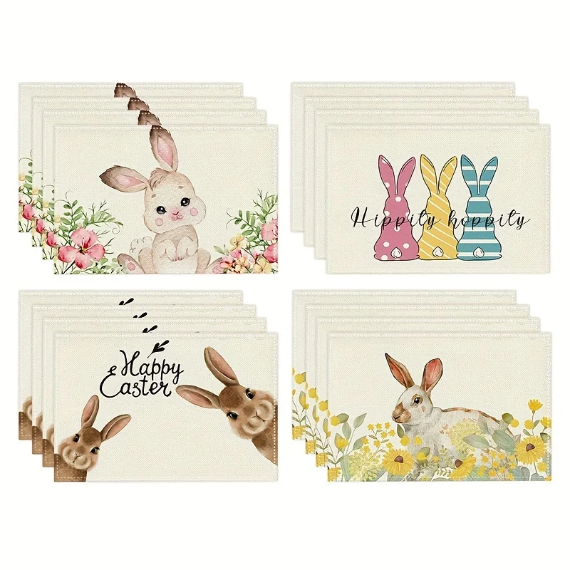 

4pcs Placemats Happy Easter Theme Table Mat Colorful Cute Rabbit Floral Pattern Meal Mats Spring Theme Seasonal Table Pads Decor