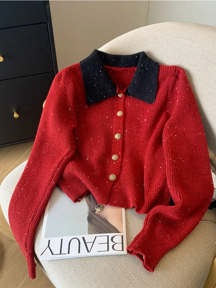 Autumn Winter Woman French Fashion Vintage Contrast Color Cardigan Sweater Long Sleeve Old Money Knitwears Jacket Korean Thick