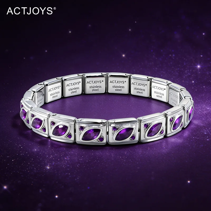 ACTJOYS Charm Bracelet 9mm Stainless Steel Bracelet Purple Crystal Stone Vintage Y2K Aesthetic Original Design Jewelry for Women