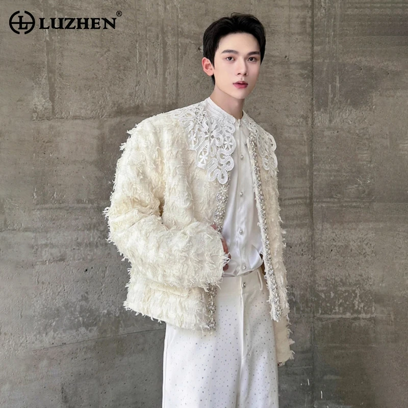 

LUZHEN 2025 New Original Personalized Burr Round Neck Short Blazer Jacket Men's High Quality Fleece Patchwork Pearl Coat JY4990