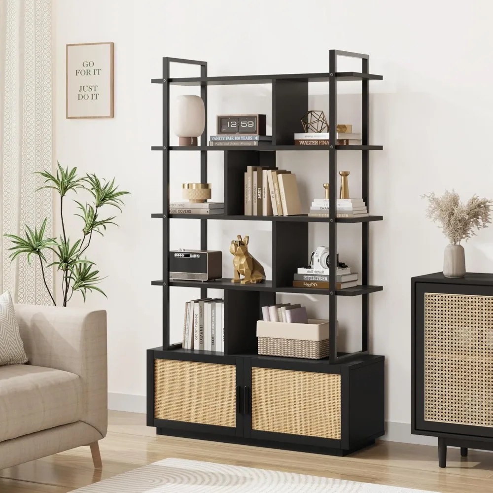 

5 Tier Rattan Bookshelf with Storage Cabinet & Door, 71.1 Inch Tall Industrial Book Shelf with Open Display Shelves