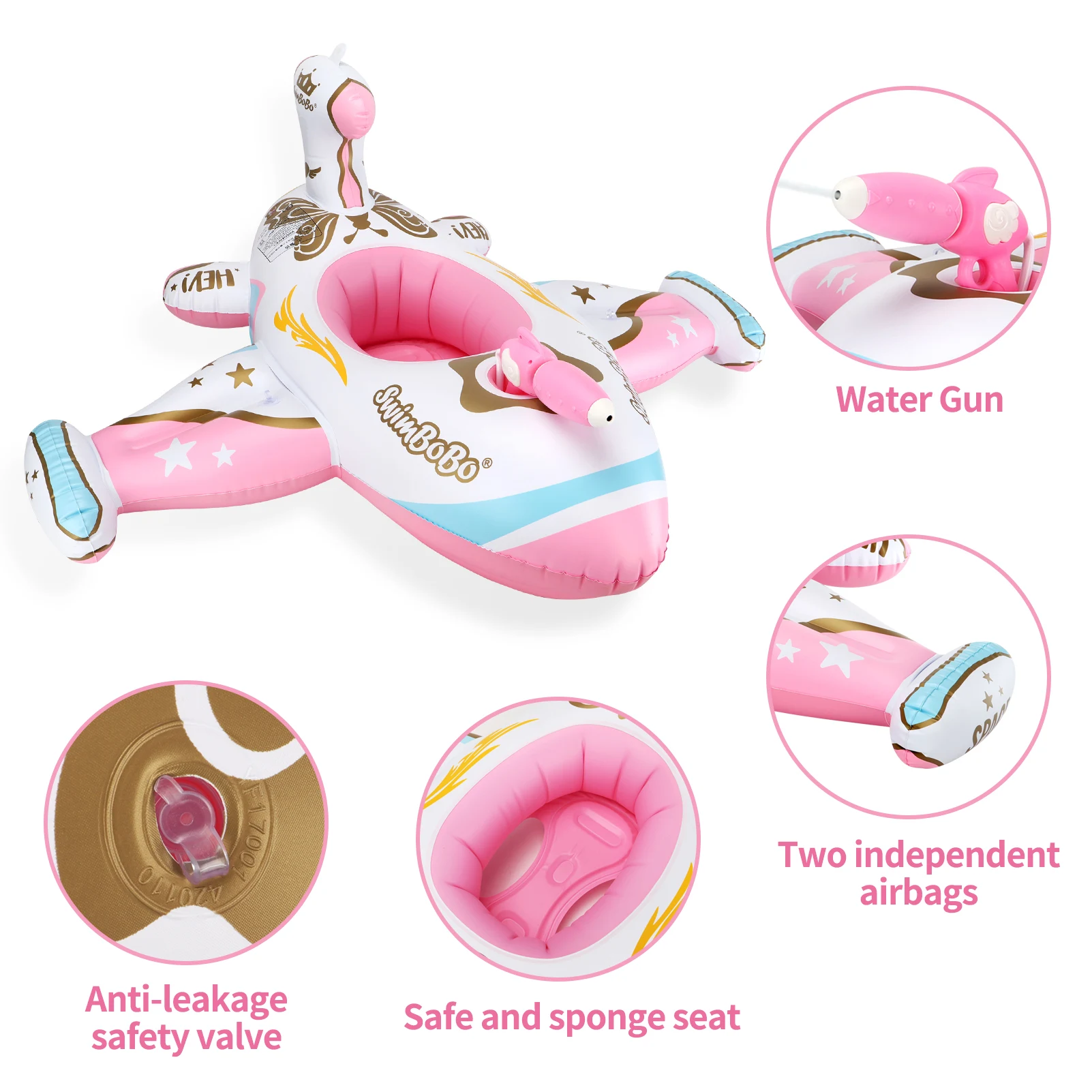 Swimbobo Pink Outdoor Summer Water Gun Play Plane Inflatable Kids Seat Float Baby Swim Ring for Children With Canopy