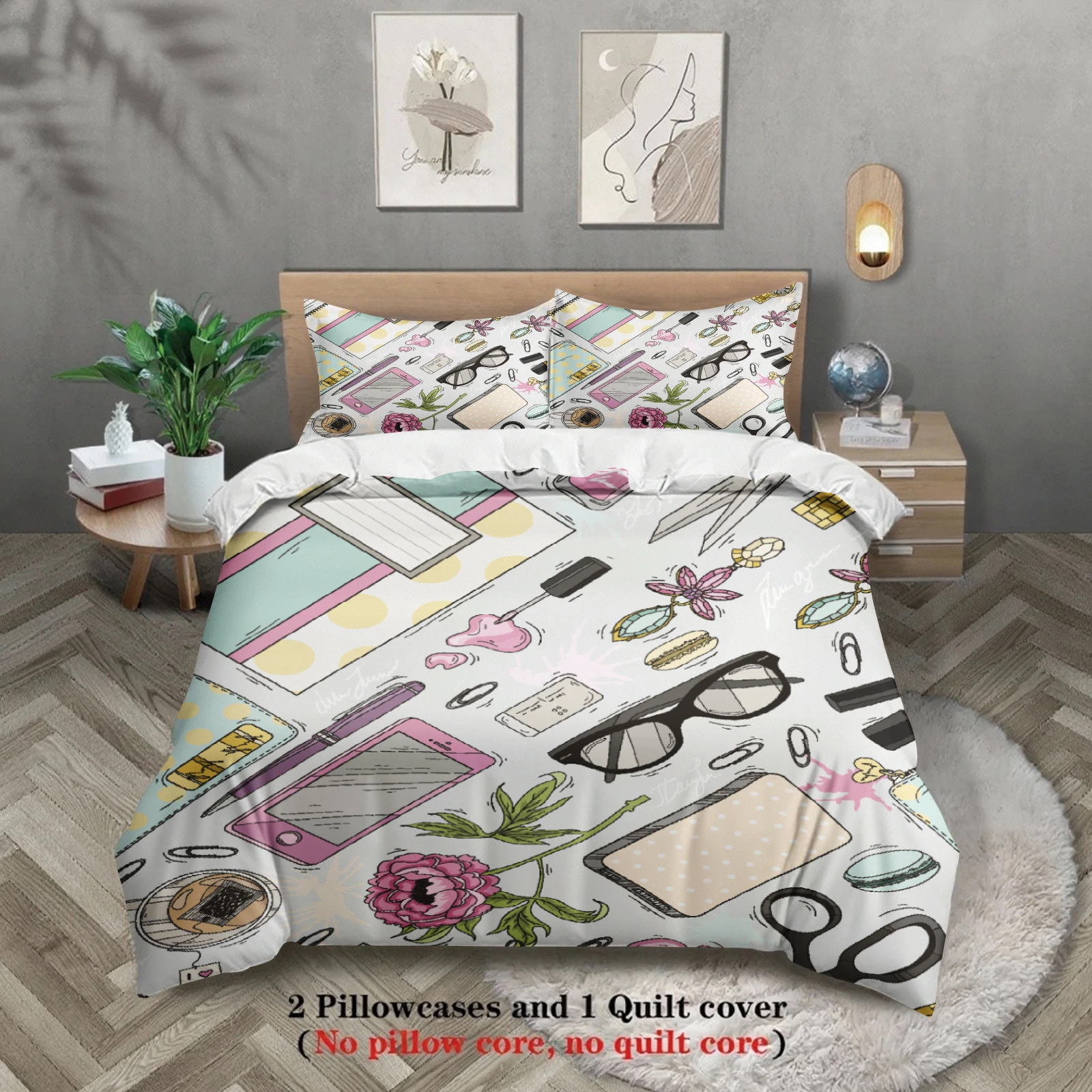 3pcs Fashion Bedding Sets 3D Printed Stationery And Flowers Duvet Cover Sets With Pillowcases No Filling
