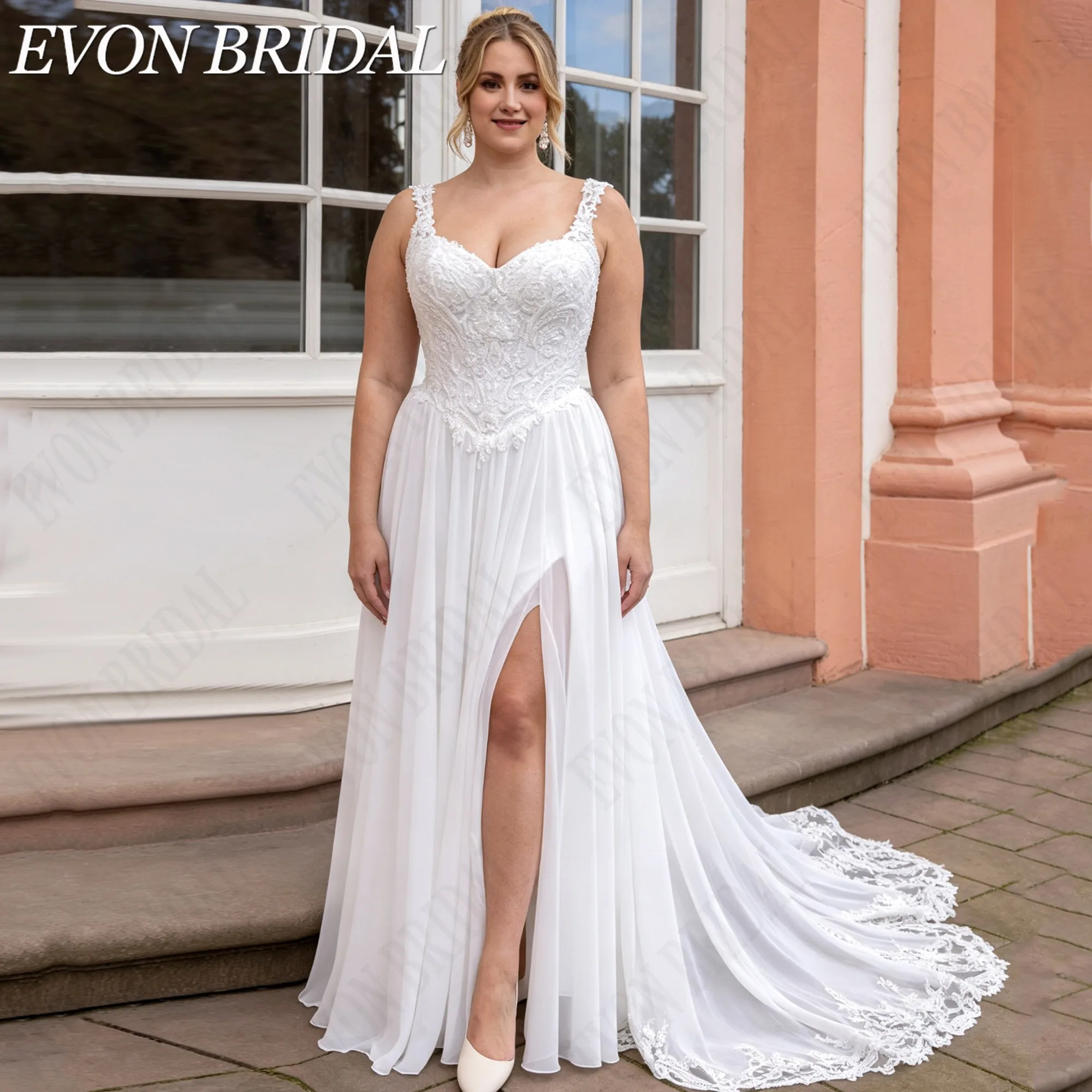 EVON BRIDAL Lace Appliques Side Split Customized Wedding Dress Plus Size Chiffon Bride Dresses Spaghetti Strap Bridal Gown