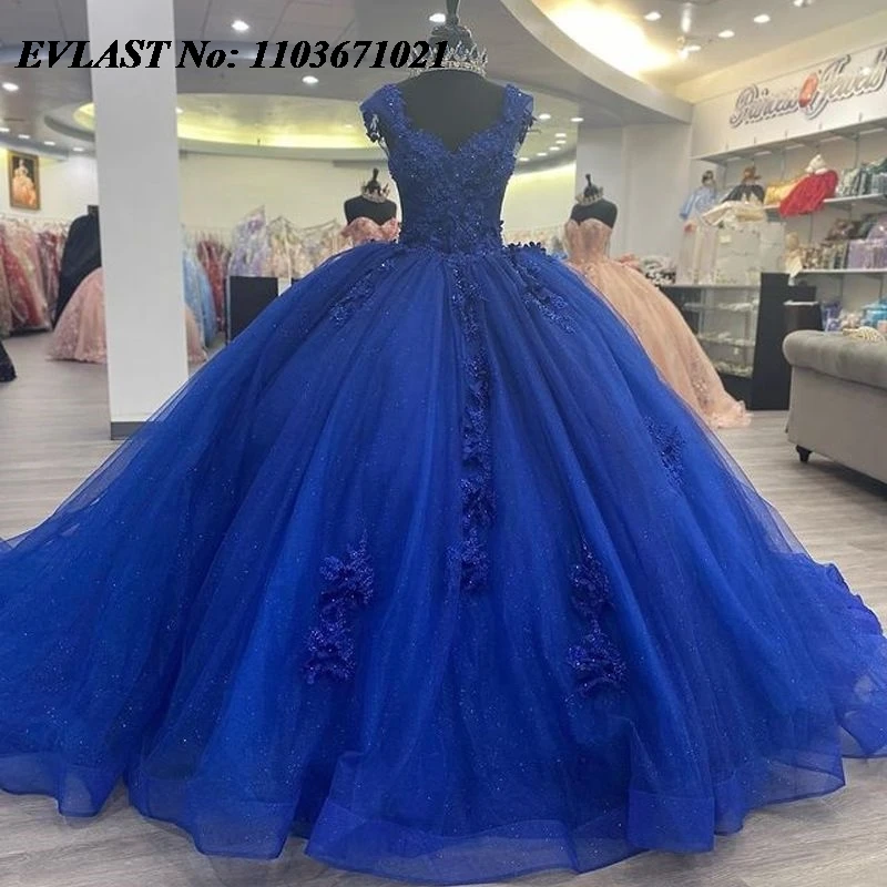 EVLAST-Vestido de Baile Quinceanera Azul Royal, Lace Applique, Espartilho De Cristal Beading, Sweet 16, México, SQ67