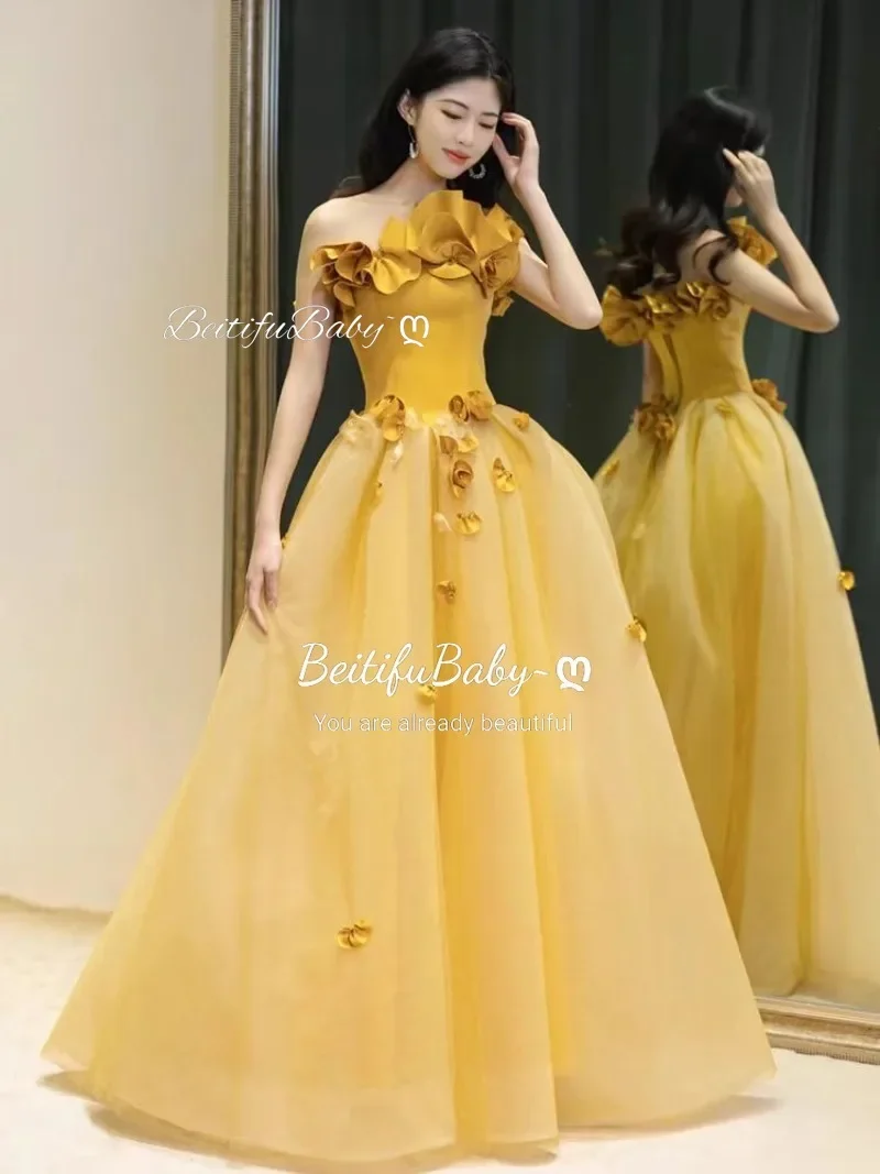 

BeitifuBaby 3D Flower Strapless Party Dresses for Women Princess Style Sleeveless Appliques Banquet Ball Gown Evening Dress