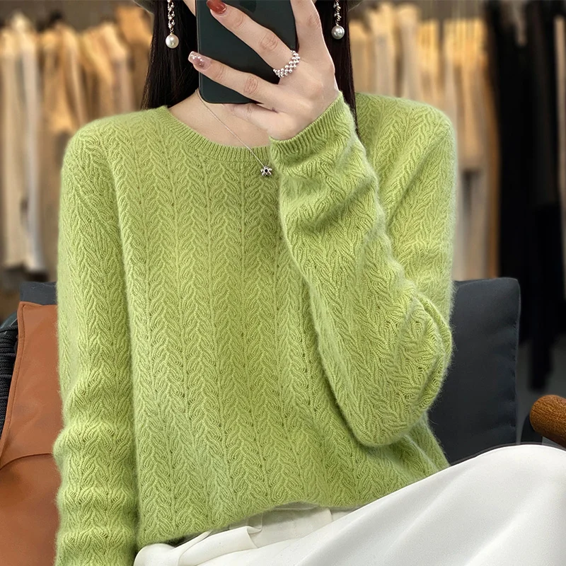 Fashion Women 100% Merino Wool Soft Sweater O-Neck Hollow Out Long Sleeve Pullover Autumn Winter Bottoming Jumper Knitwear Tops