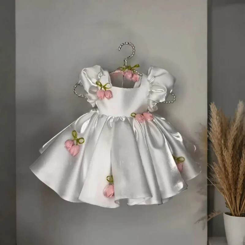 New Birthday Tulip Flower Tutu Dress for Girls with Straps Sleeves Princess Dress