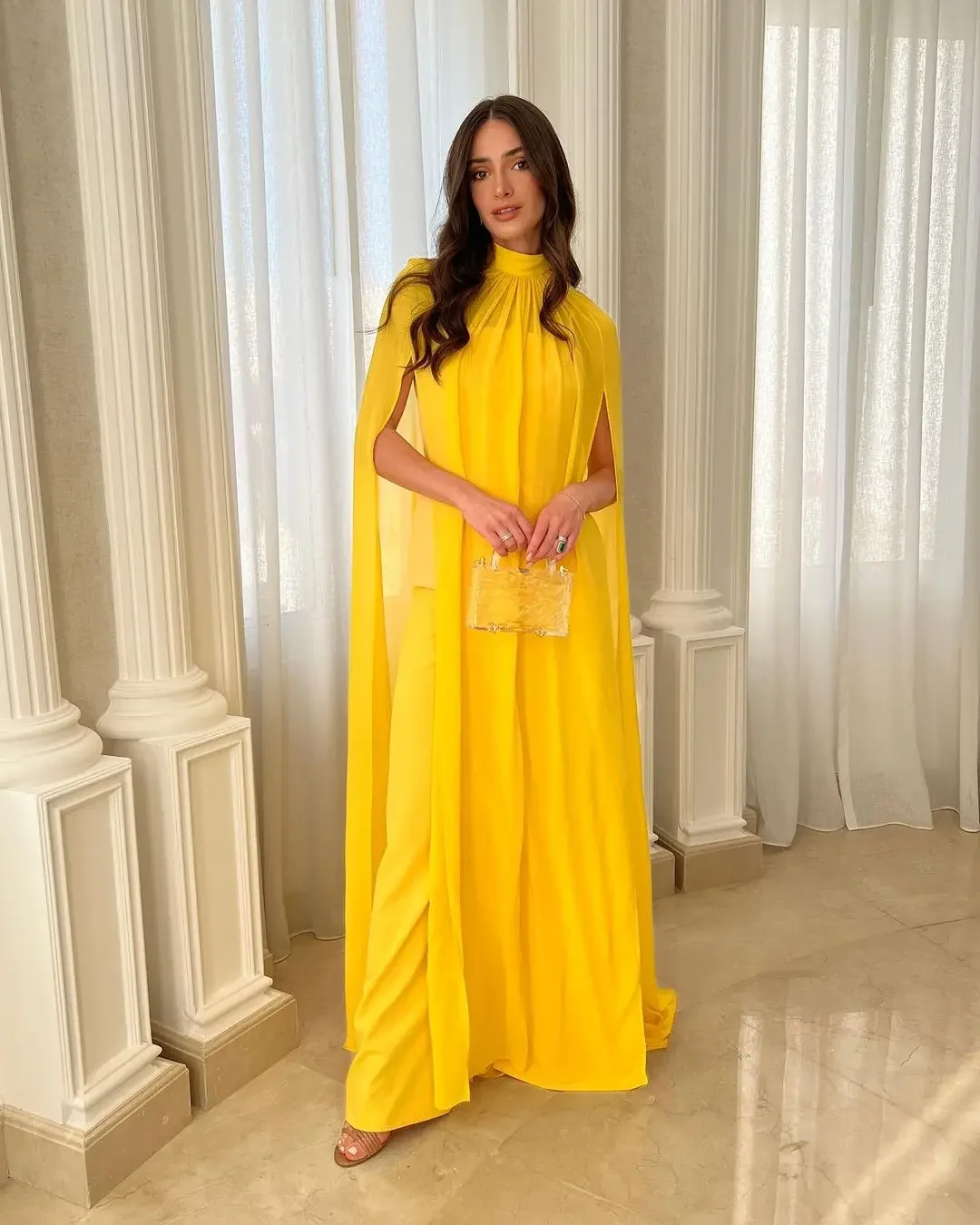 

Yellow Prom Dresses For Women 2024 With High Neck Cape Spaghetti Strap Floor-Length Vestidos De Graduation Robes De SoiréeML-096