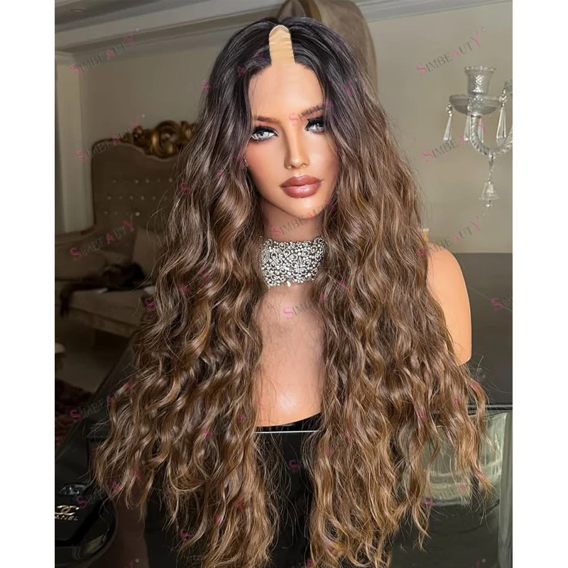 

Middle Side Part Ombre Deep Wave Golden Brown Remy Human Hair Full Machine Made U Part Wigs for Black Women Easy Wear V Part Wig