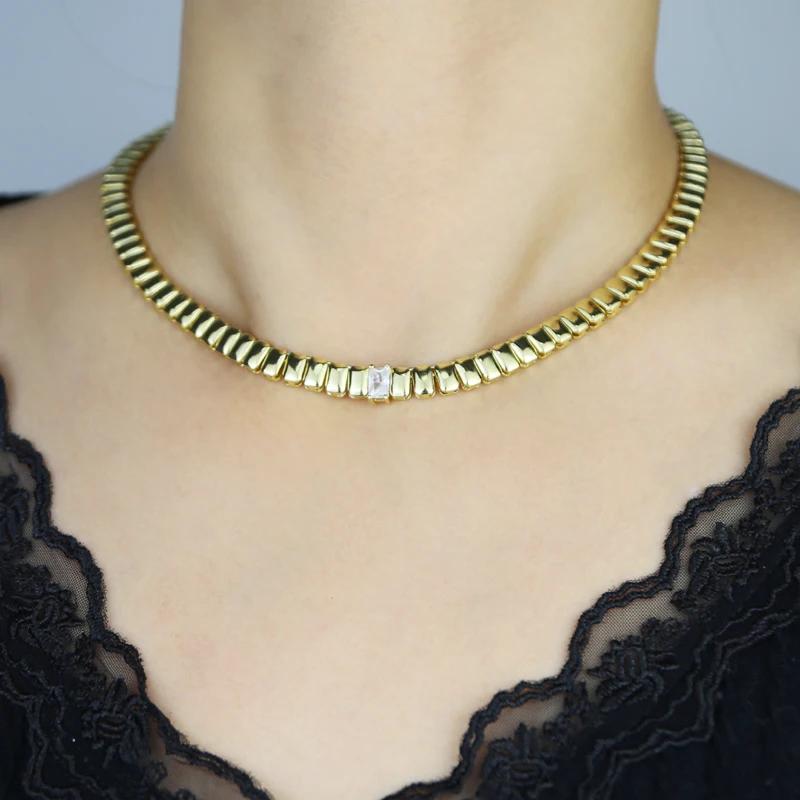 Classic Gold Color and White Square Cz Tennis Necklaces for Women Men Paved Cubic Zirconia Brass High Quality Fashion Jewelry