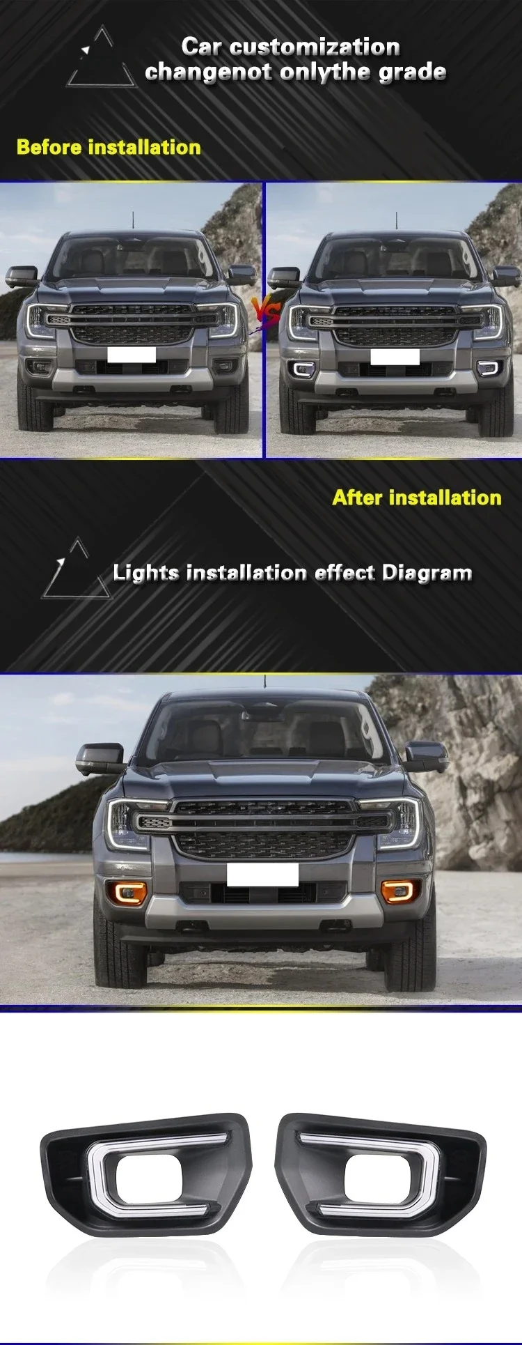 DRL Car LED Daytime Running Lights Dynamic Turning Signal Front Fog Lamp Modification 12V Daylights for Ford Ranger 2023 2024 detail image 1