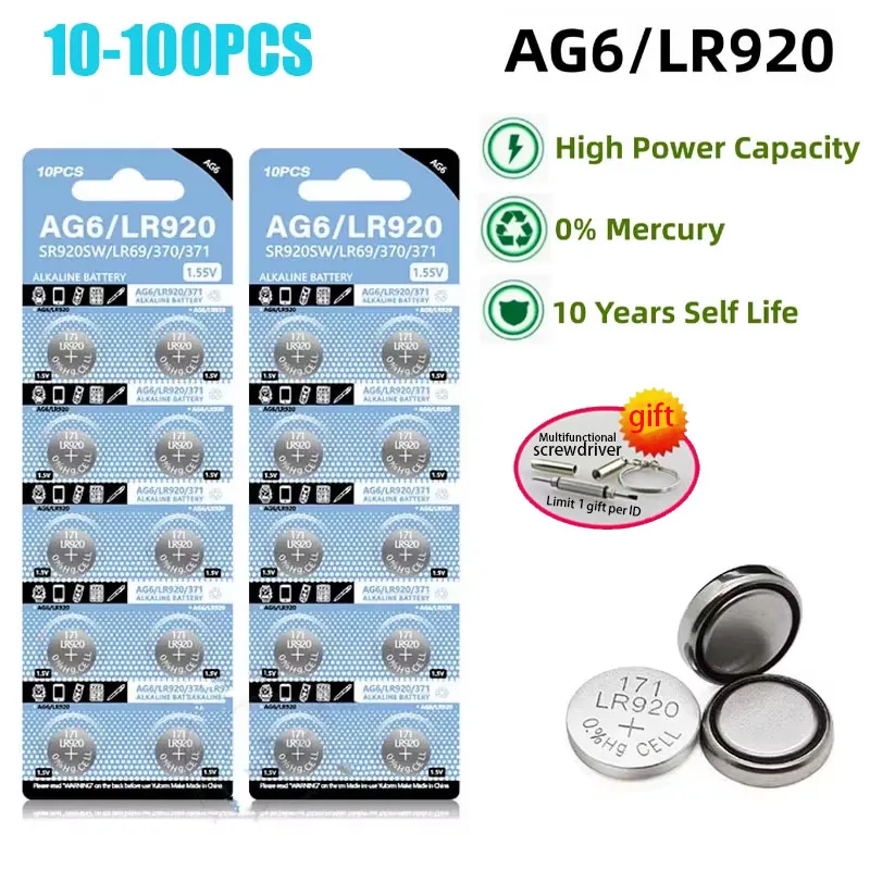 1.55V Coin Battery AG6 371 SR920SW LR920 SR927 171 370 L921 LR69 SR920 Button Batteries for Watch Toys Remote Button Cell