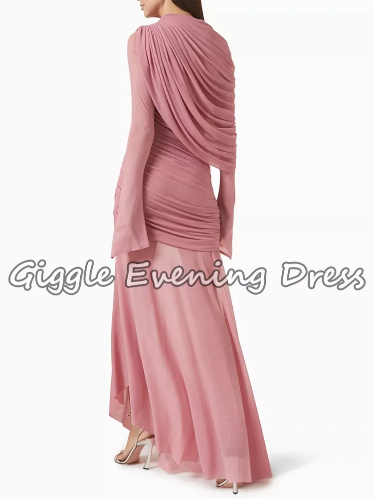 Giggle Elegantes, gerafftes, asymmetrisches, schmales Maxikleid, Stehkragen, lange Ärmel, Falten, Frühlingsmode, Damen-Abschlussball-Party-Kleider, individuell gestaltet