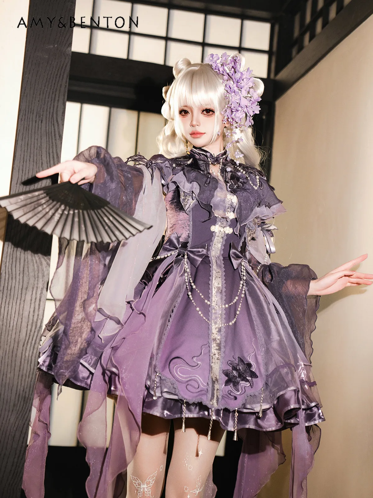 

2026 New Chinese Style Lolita Dress Purple Gray Embroidered Pearl Bow Flare Sleeve Gothic Princess Cosplay Party Costume