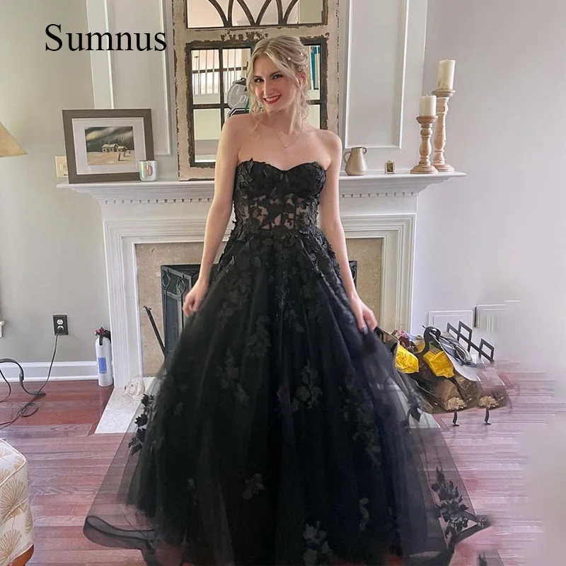 

Sumnus Black A Line Prom Dresses Flowes Appliques Tulle Sweetheart Evening Dress Back Zipper Robe de Soiree Long Formal Gowns