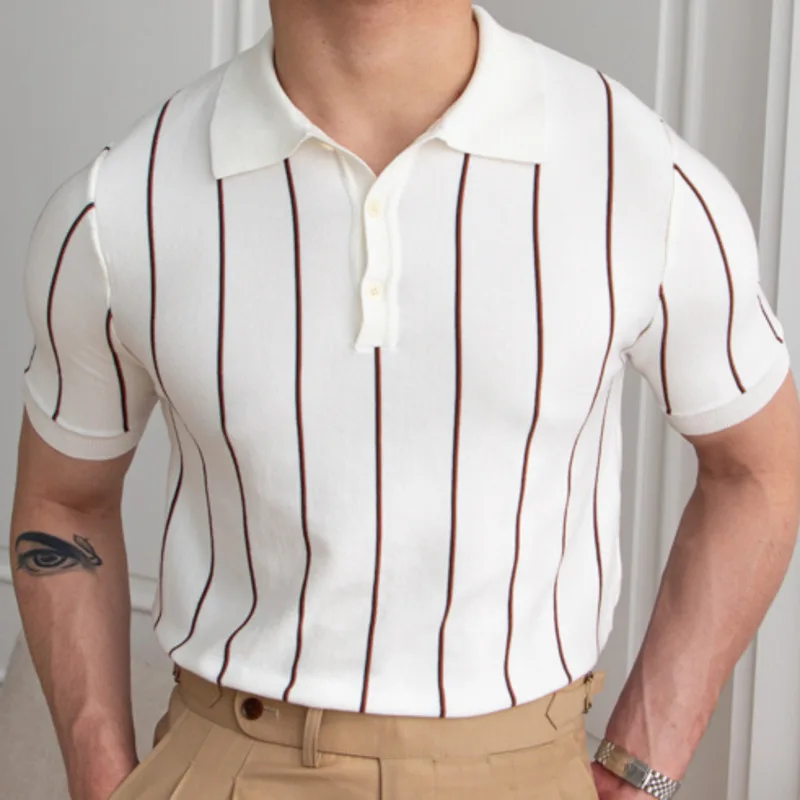 Contrasting Stripes Casual Slim Lapel Polo Summer Knit Lapel T-shirt Polo Camisa Hombre British Men's Shirt Mannen Polo