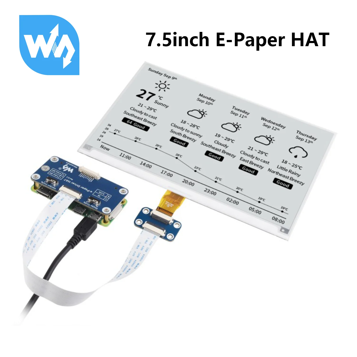 Raspberry Pi 7.5inch e-Paper HAT 800×480 E-Ink HAT Display SPI Interface Black / White for Arduino STM32 Jetson Nano