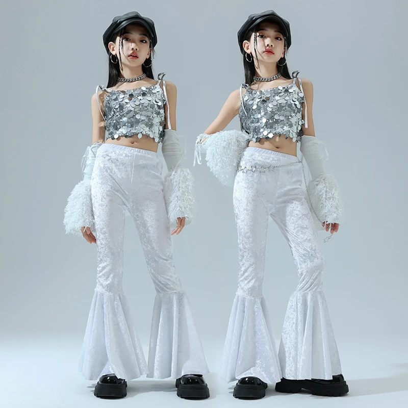 

New Girls Jazz Dance Costume Sequin Vest Fashion White Flared Pants Kpop Clothing Kids Catwalk Concert Hip Hop Outfits BL13685