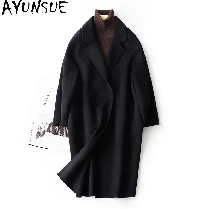 

AYUNSUE 100% Wool Coats for Women Autumn Winter Korean Style Double-sided Woolen Jacket Loose Long Overcoat Abrigos Para Mujeres