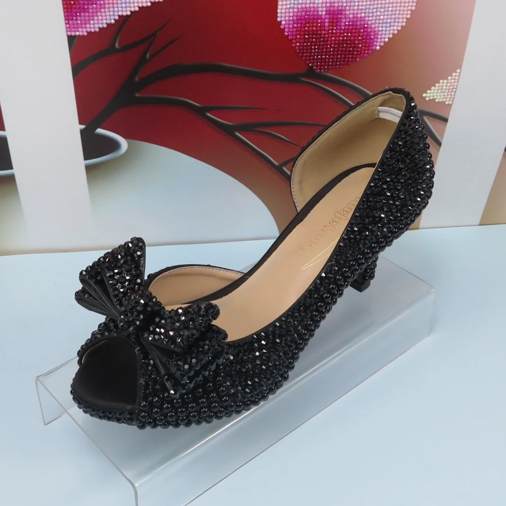 2023 New arrival Black Crystal Women wedding shoes with matching bags Peep toe High Pumps fashion Open Toe shoes and Purse