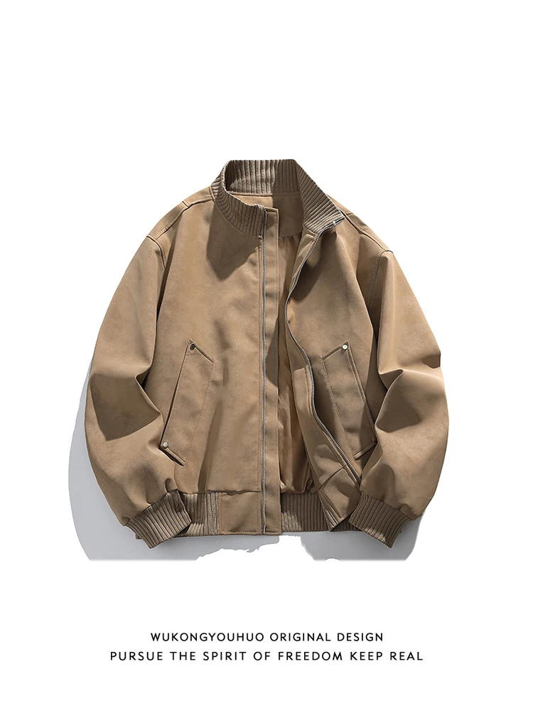 

American Trendy Brand Retro PU Leather Splicing Stand-up Collar Men's and Women's Spring Loose and Versatile Casual Jacket