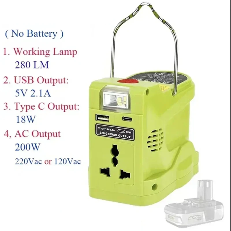 

200W Li-Ion Battery Inverter LED Work Lamp USB Power Bank for 18V Li-Ion Battery P102 P103 P104 P107 P108 B-A12I