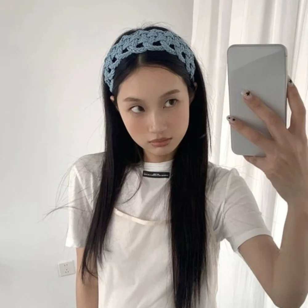 

Wide Side PU Leather Weave Hairband Solid Color Geometric Braid Headband Headwear Hollowed Out Weave Style Hair Hoop