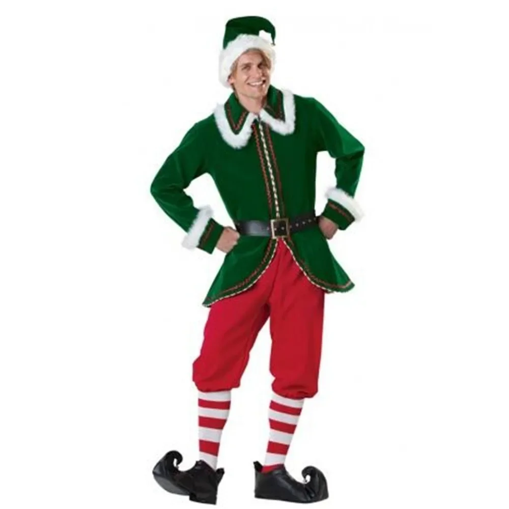 Deluxe Adult Christmas Santa Claus Costume Green Xmas Elf Disguise Couple Cosplay Carnival New Year Party Fancy Dress Outfit