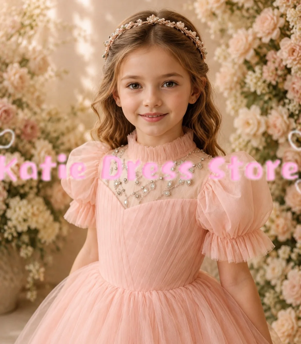 

Customized Elegant Flower Girl Dress For Wedding Sequins Beading Tulle Puffy Kids Birthday Party First Communion Ball Gowns
