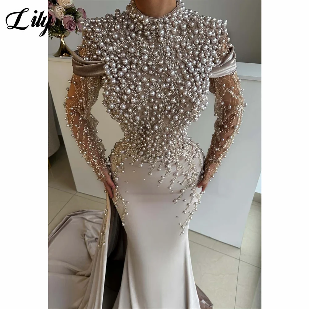 فساتين حفلات من الساتان باللون البيج الفاتح من Lily High - خط عنق عالي لؤلؤي - مزين بشبكة - أكمام حورية البحر Cus #2