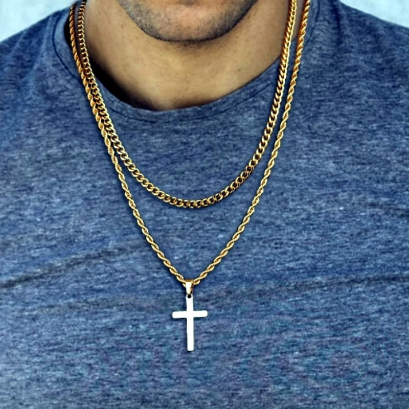 HNSP Stainless Steel Double Chain Cross Necklace Pendant For Men Gift Jewelry Accessory Gold Black Silver Color