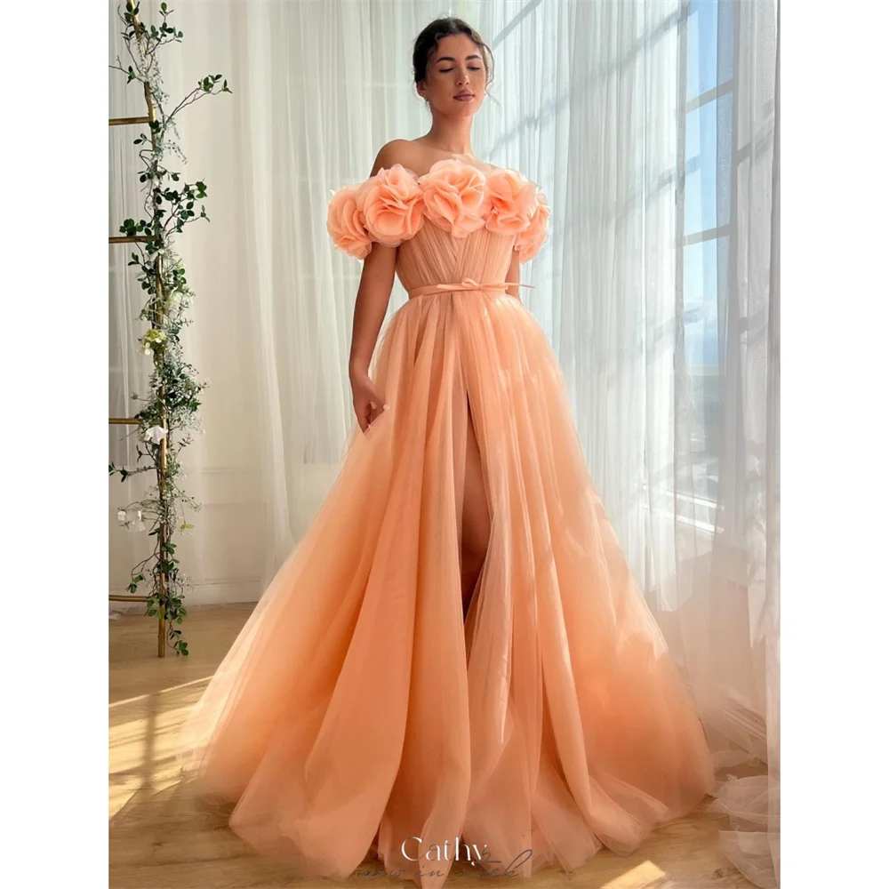 

Cathy Customized Orange 3D Flowers Off the Shoulder Prom Dresses Side High Split فساتين سهرة A-line Formal Evening