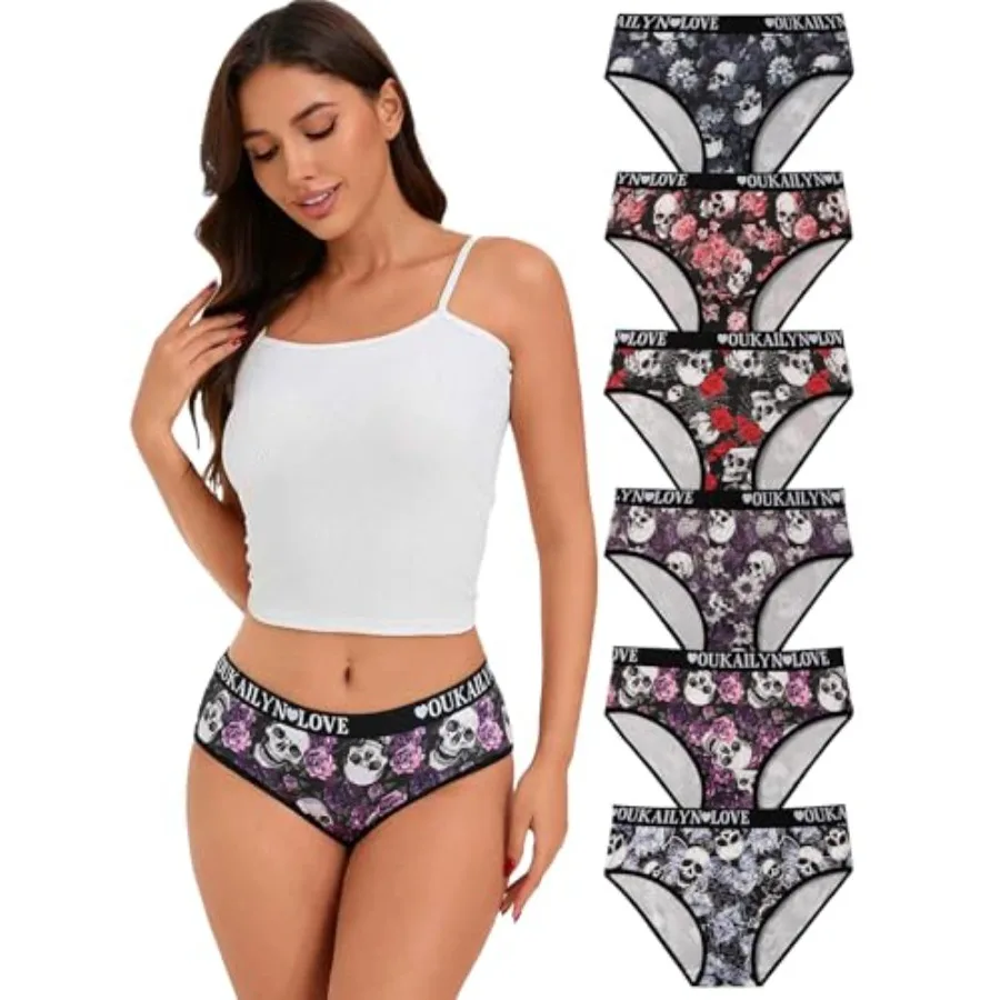 

6-Pack Gothic Thong Panties, Skull and Rose Print Lace Trim Sexy Alt Underwear, Low Rise Emo T-Back Briefs