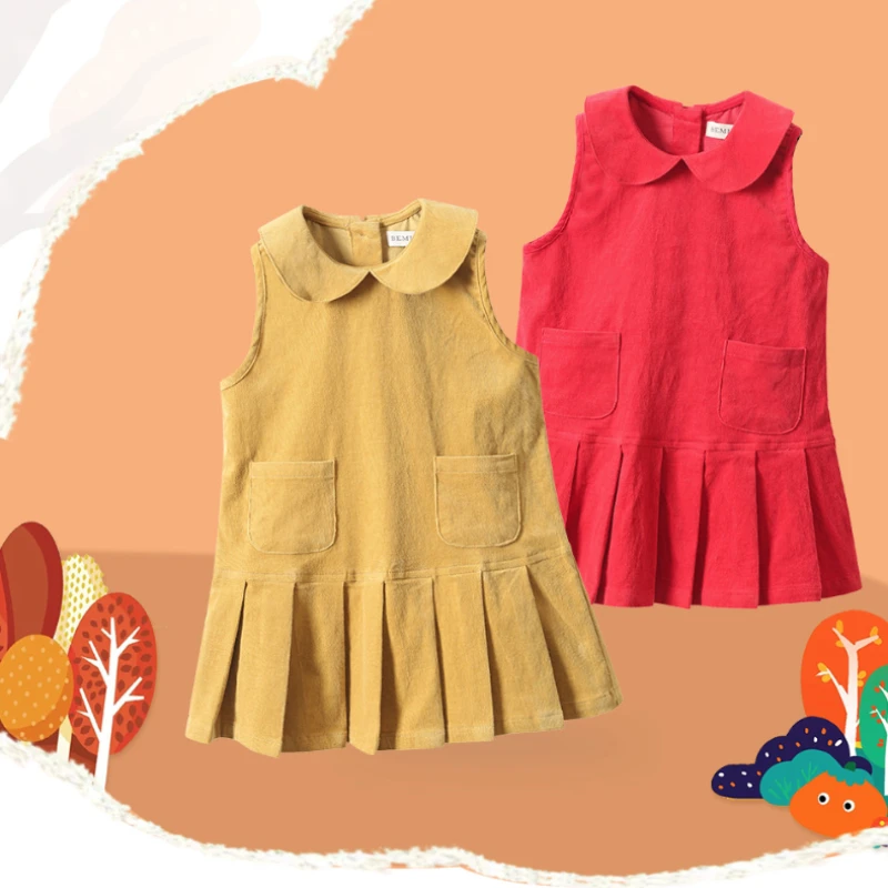 

New Easter Red Pleated Corduroy Petal One-piece Wedding Brithday Party Children Dress Kid Clothes for Young Girl Outfit Costume