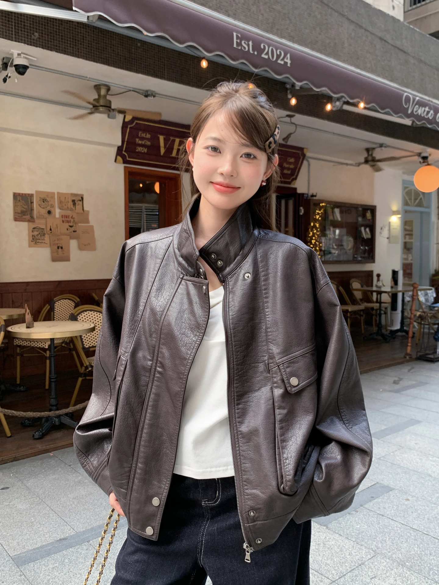 

Retro Brown Motorcycle Jaet Women's Casual Sle Sweet Cool Slimming Top Leather Coat Fall New Arrival Commute Wind