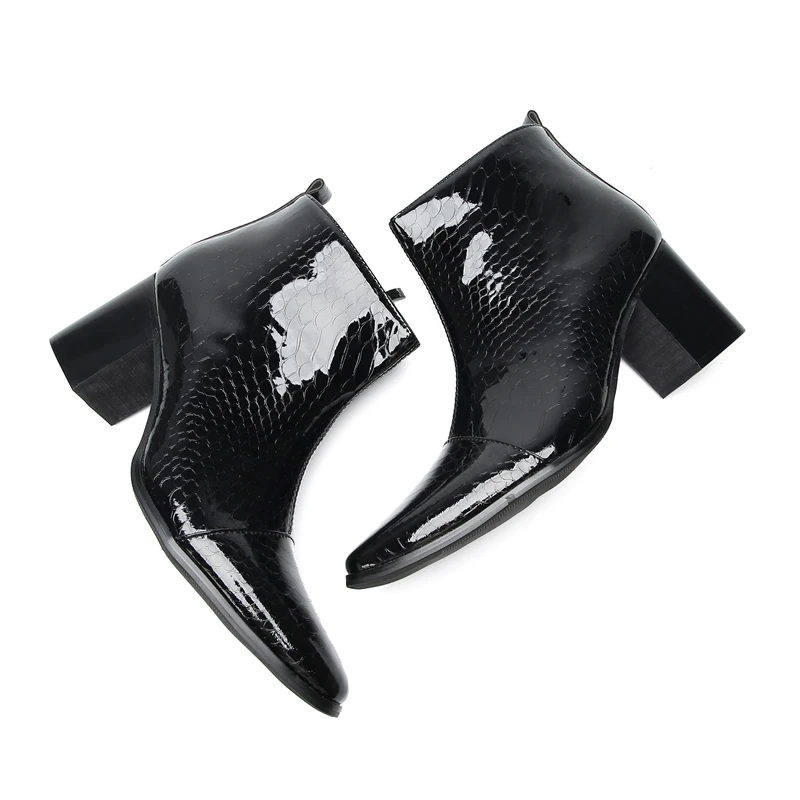 Fashion Black Male High Heeled Motorcycle Boots Zipper Pointed Toe Dress Shoes Large Size Serpentine Real Leather Short Boots