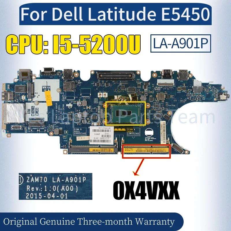 ZAM70 LA-A901P For Dell Latitude E5450 5450 Laptop Mainboard CN-0X4VXX 0X4VXX SR23Y I5-5200U Notebook Motherboard 100％ Tested