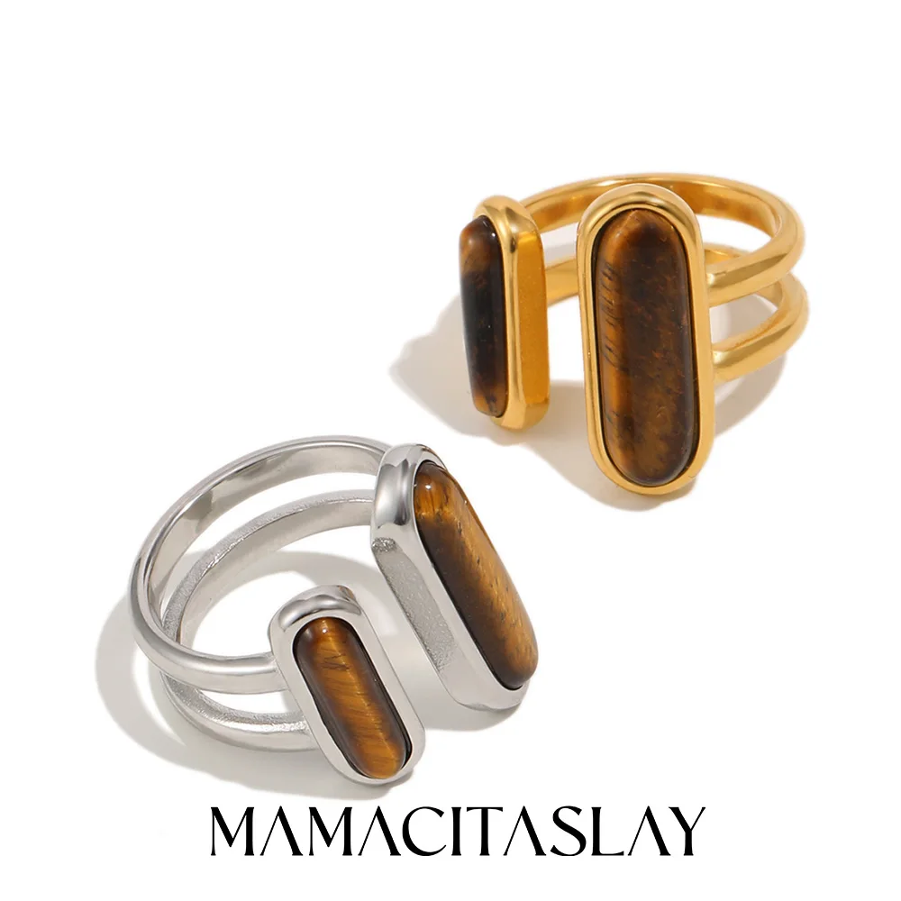 MamacitaSlay 316L Edelstahl Tigerauge Asymmetrischer Ring 18K Vergoldet Wasserfest Vintage Schmuck für Frauen Alltagsschmuck