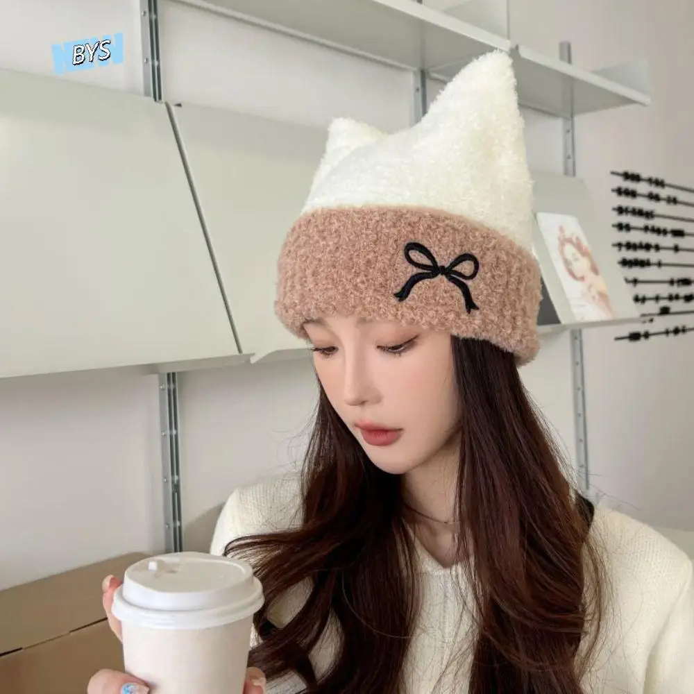 

Personality Bow Cat Ears Hat Keep Warm Windproof Knitted Beanie Hat Korean Style Skullies Winter Knitted Hat Female/Girls