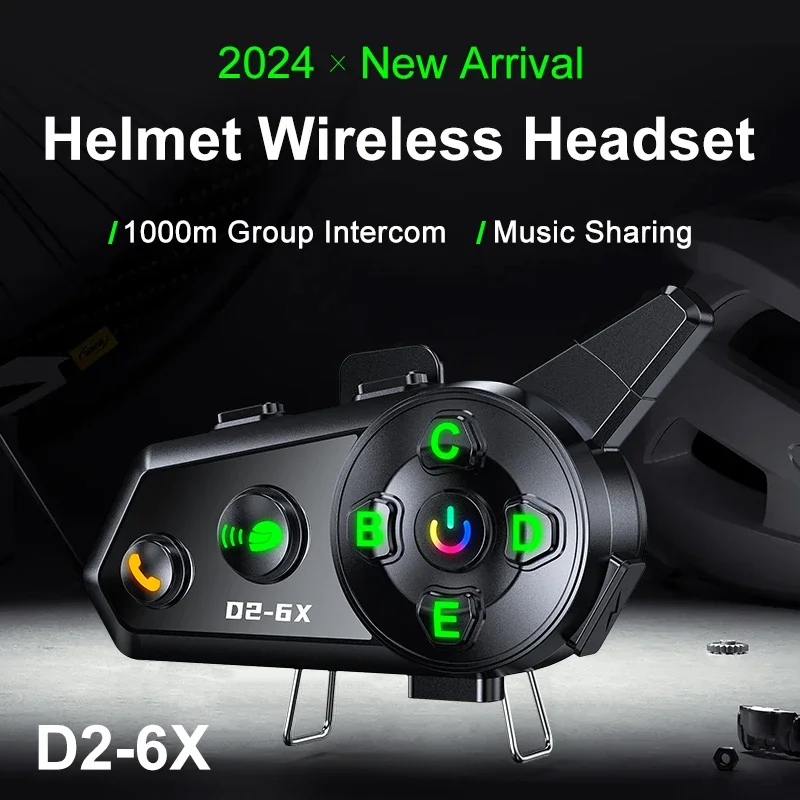 2024 New D2-6X Motorcycle Helmet Bluetooth Headset 6 People Switching Intercom Distance 1000 MetersMulti-Scene Mixing