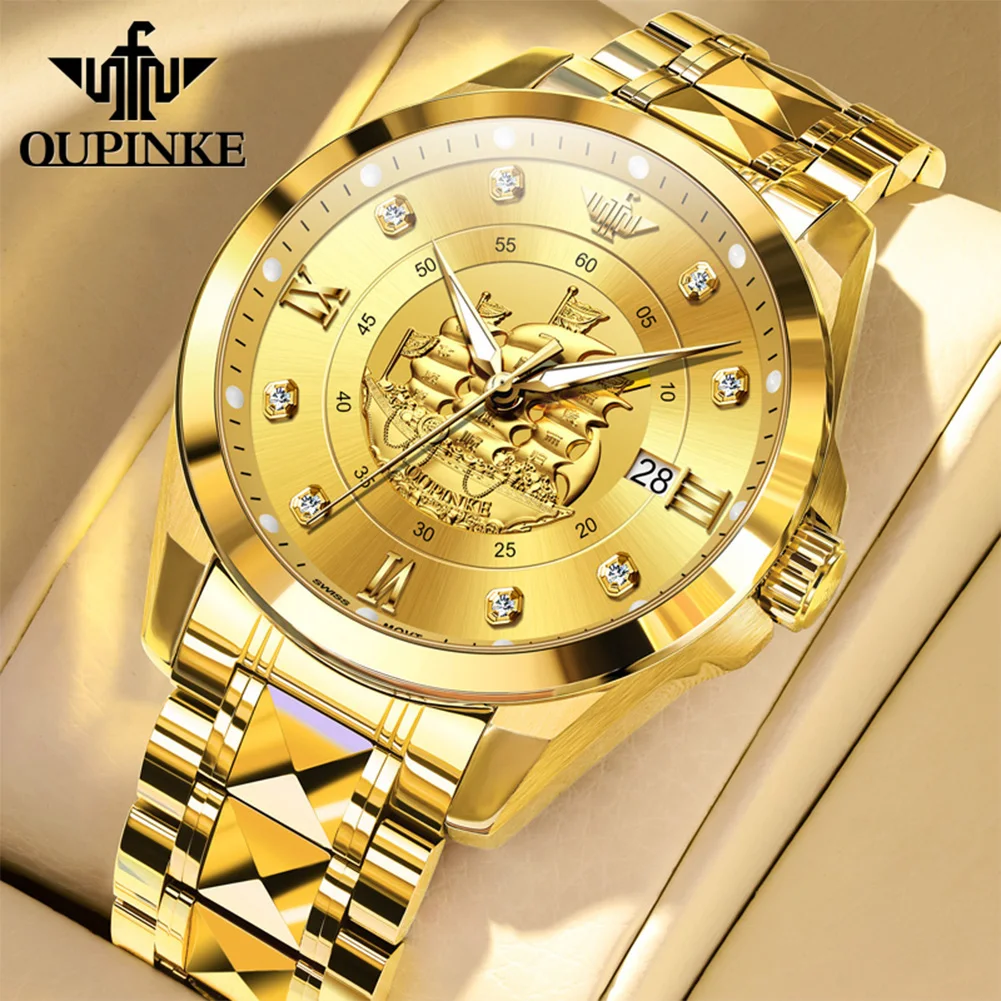 ساعات رجالية OUPINKE 3302 ذهبية فاخرة موضة أصلية ساعة ميكانيكية أوتوماتيكية للرجل التنغستن الصلب الياقوت مرآة التاريخ