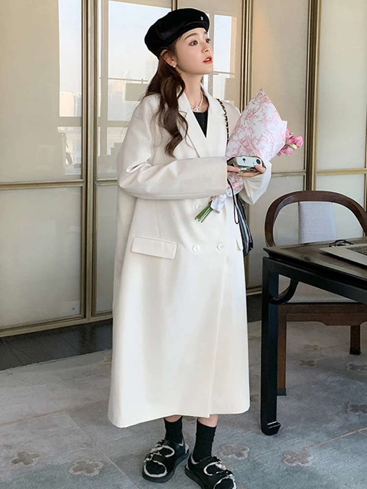 LANMREM White Long Blazer Women Office Lady Notched Collar Double Breasted Coat Versatile 2024 Spring New Clothing 2AA4901