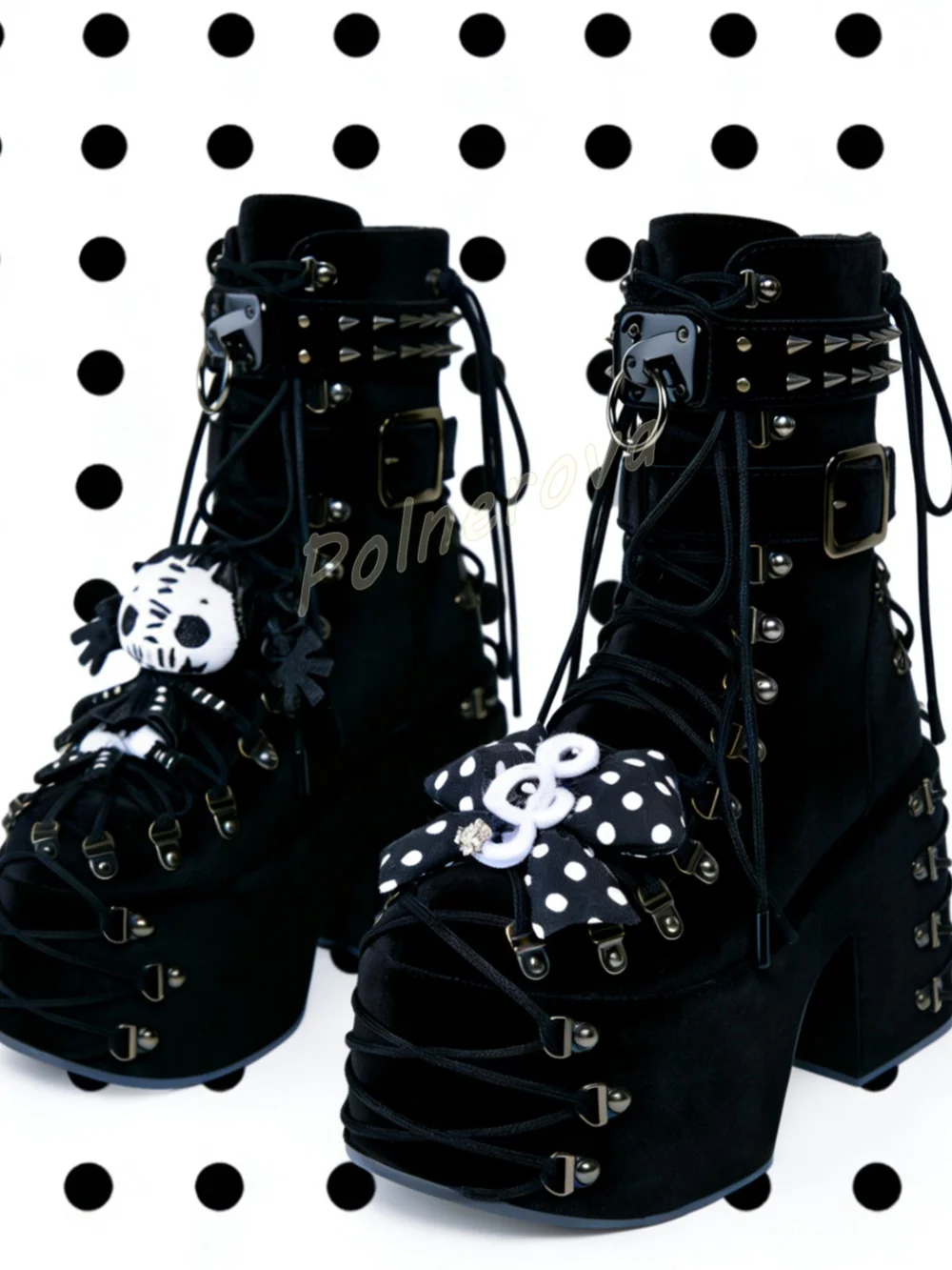 Velvet Doll Bow Spike Rivet Ankle Boots Gothic Platform Women Buckle Lace Up Chunky High Heel Shoes Black Punk Party Goth Shoes