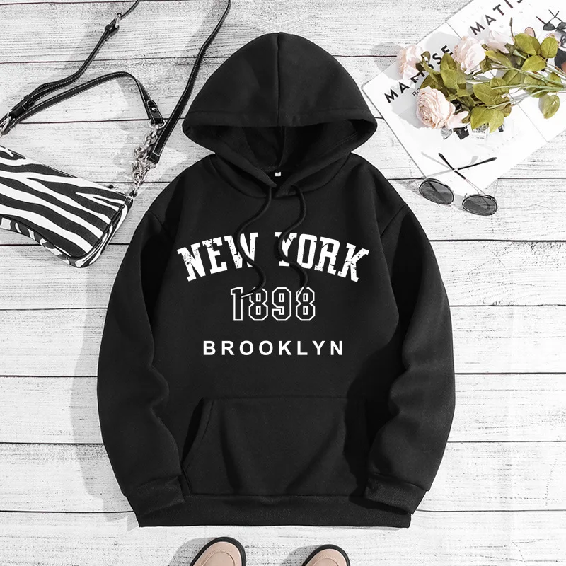 

New York 1898 Print Women Hoodie Autumn Winter Hoodies Female Sportswear Oversized Pullover Girl Drop Shoulder Sleeve Streetwear