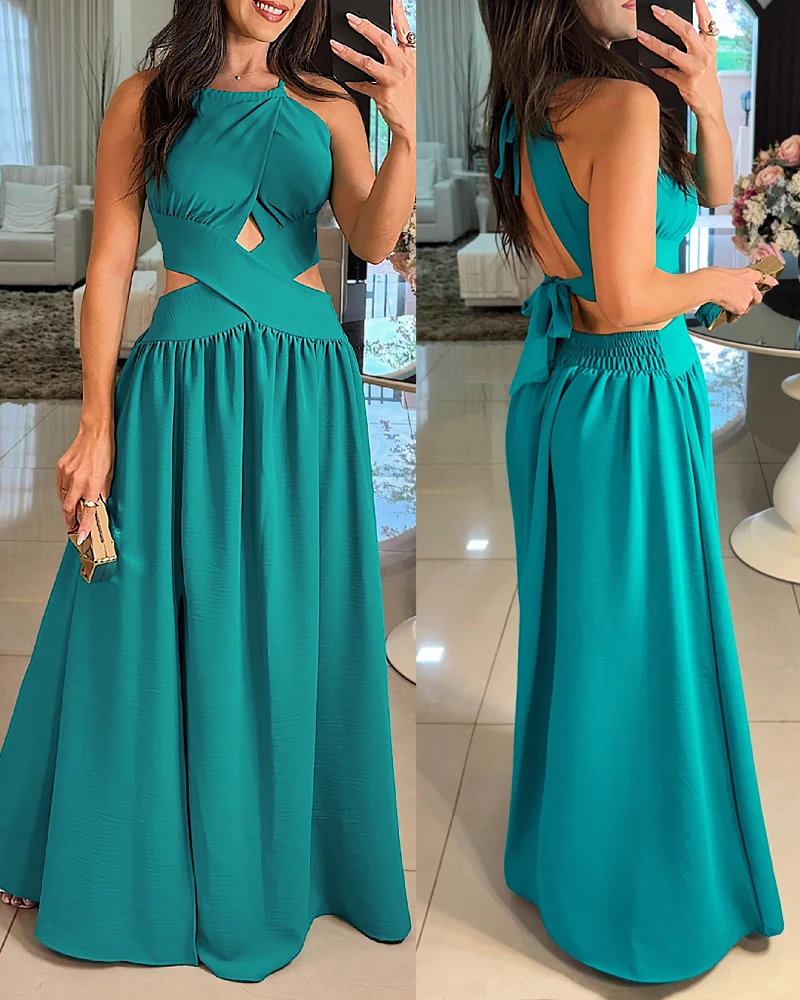 2025 Spring Halter Sleeveless Tied Detail Shirred Criss Cross Flared Dress Glamorous Evening Dress