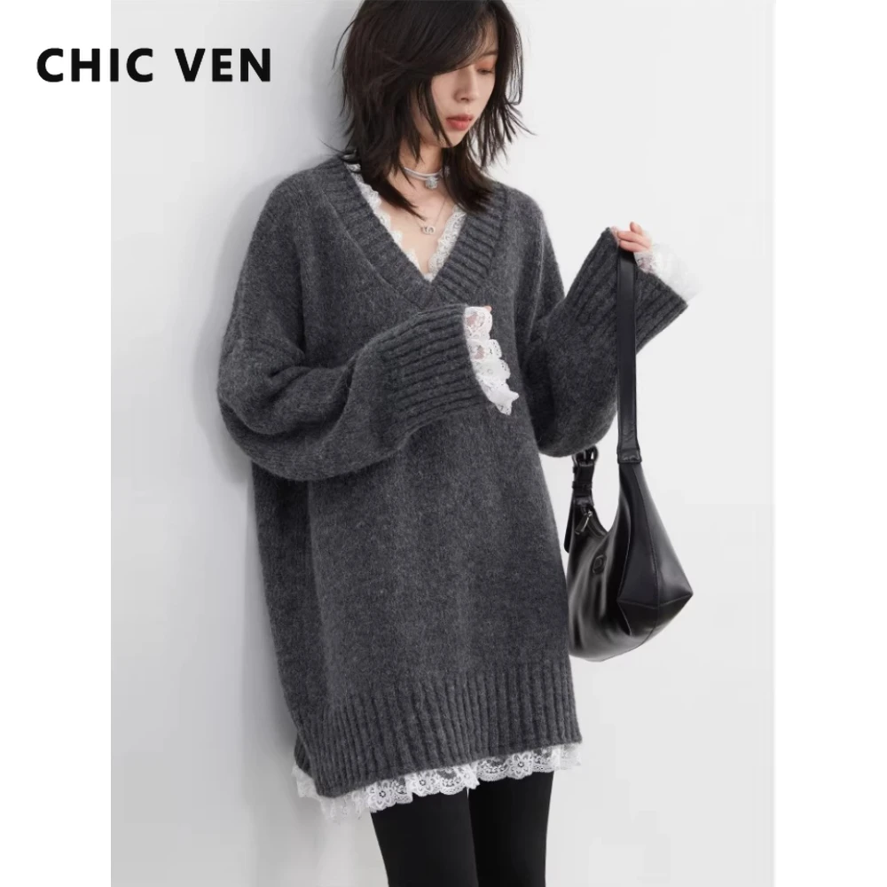 

Вязаный свитер CHIC VEN для женщин в корейском стиле, свободный повседневный пуловер с V-образным вырезом, с кружевными вставками, средней длины, осень-зима 2024