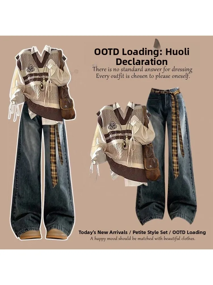 

Korean Sle Corduroy irt And Vest Set for Women Autumn Winter Collection Dstring Overlap Layers Student Faion