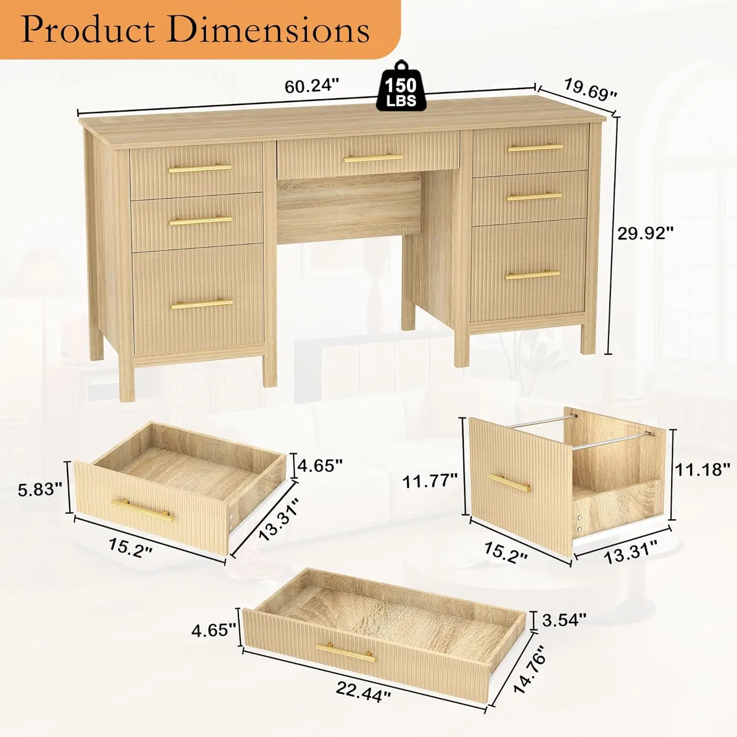 

Desk with Drawers: 60" Oak Desk with File Cabinet, Home Office Desks with Storage, Modern Desks with File Drawer, Fluted Wood C